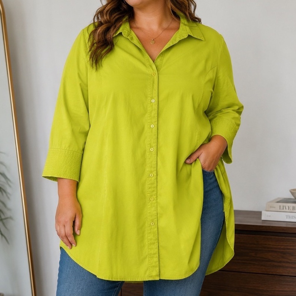 Lane‎ Bryant Button Up Tunic Shirt Women's 22 Lime Green Cotton Blend Plus Size